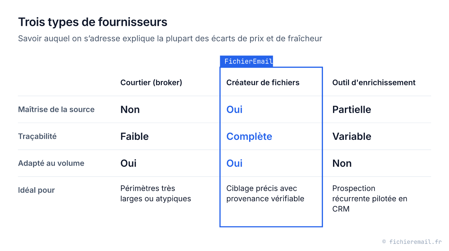Schéma comparant trois types de fournisseurs de données B2B : le courtier (maîtrise de la source : non ; traçabilité faible), le créateur de fichiers (oui ; complète) et l'outil d'enrichissement (partielle ; variable), avec l'usage idéal de chacun.